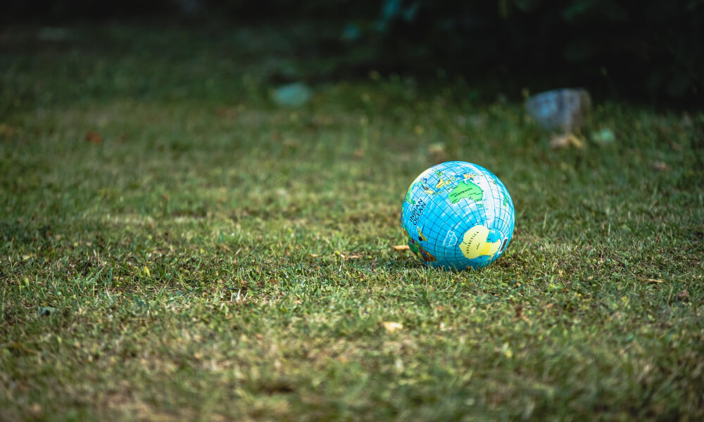 Image of a blow-up globe ball laying on the grass